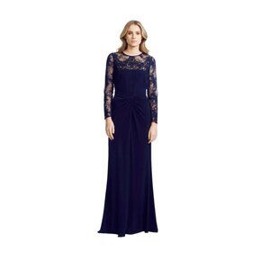 David Meister Full Length Long Sleeve Lace and Jersey Navy Gown 14
